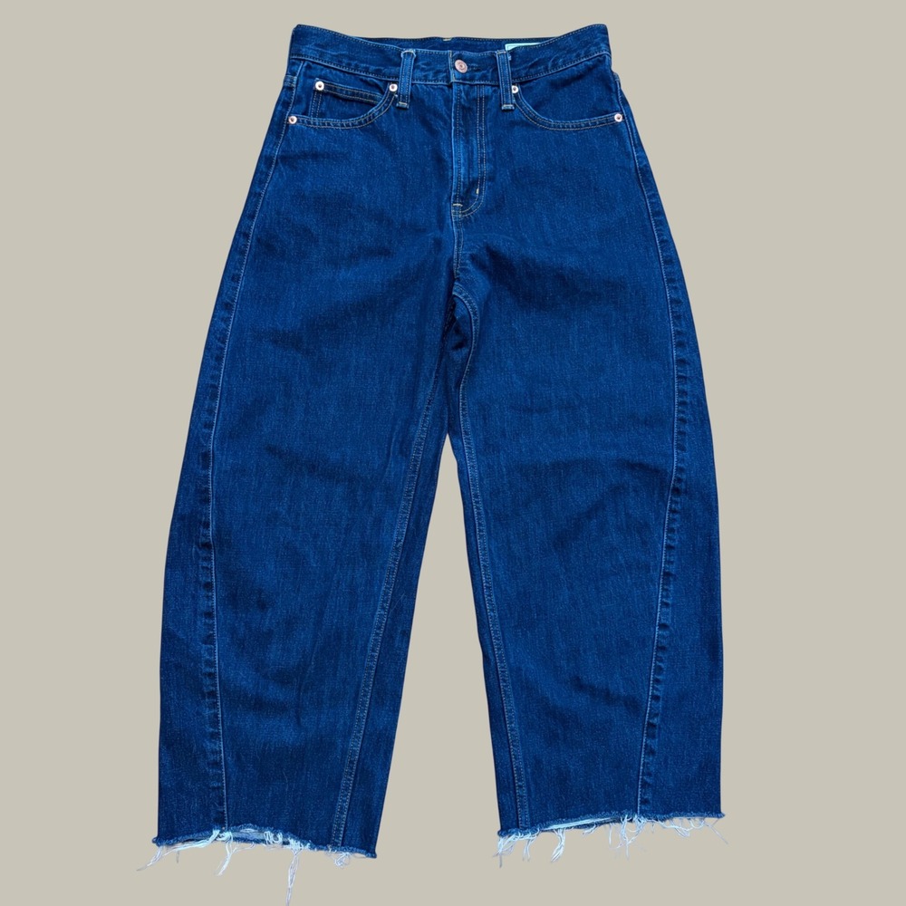 Gap Barrel High Rise Twisted Seam Jeans Dark Rinse 27 4S Inseam Altered Raw Hem